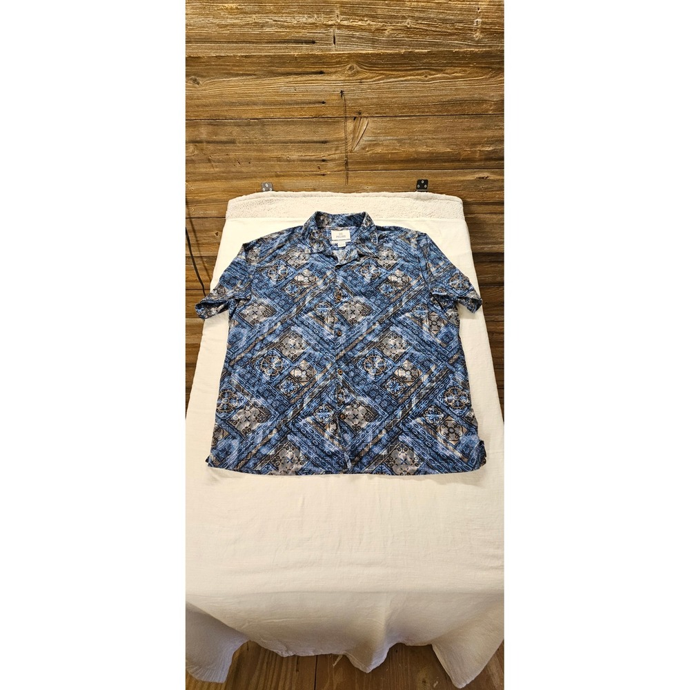 28 Palms Mens Hawaiian Shirt XXL Blue Tan Geometric Tribal Camp Button Down